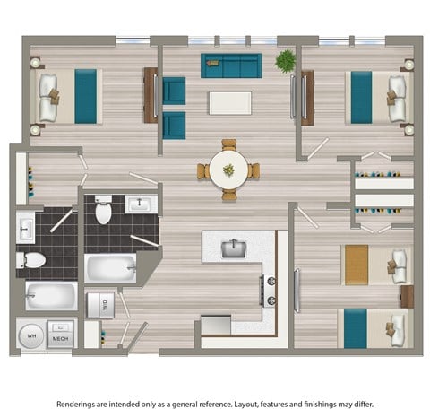 Floor plan for 3 beds, 2 baths, 1092 sqft